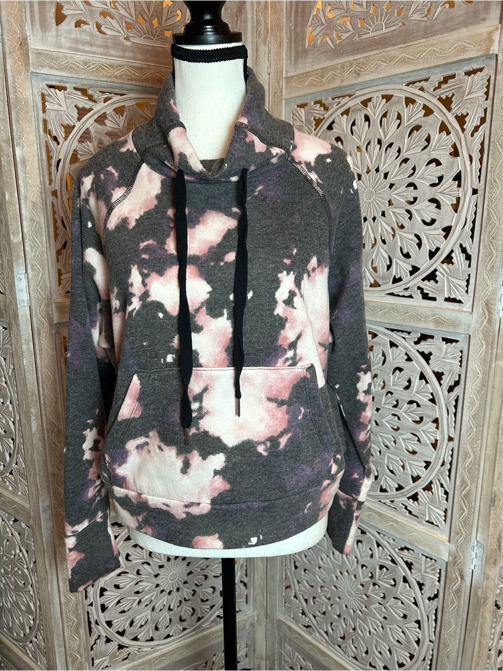 Tie-Dye Funnel Neck Pullover Hoodie - Pink & Gray